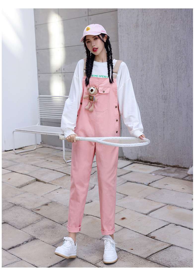 ピンクコーデ ゆったりオーバーオール風サロペットピンクパンツ