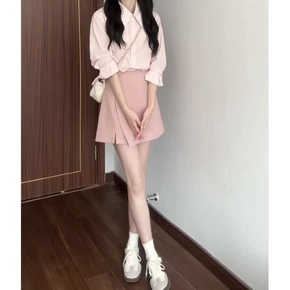 ピンクコーデ フロントラップのタイトミニピンクスカート