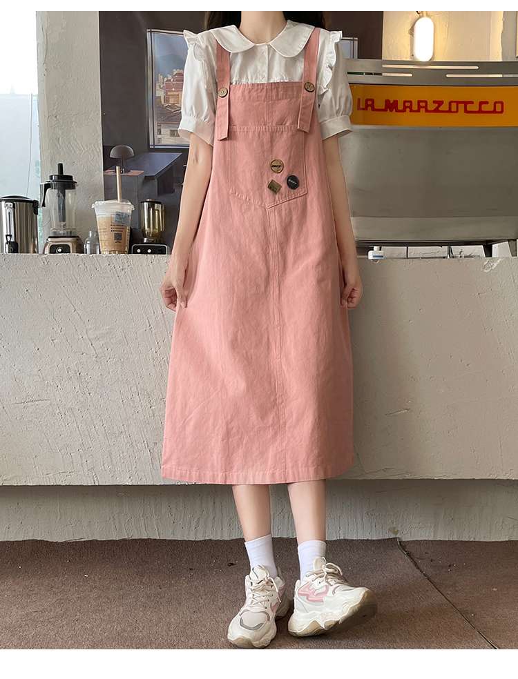ピンクコーデ フリルブラウス重ね着風サロペットワンピース