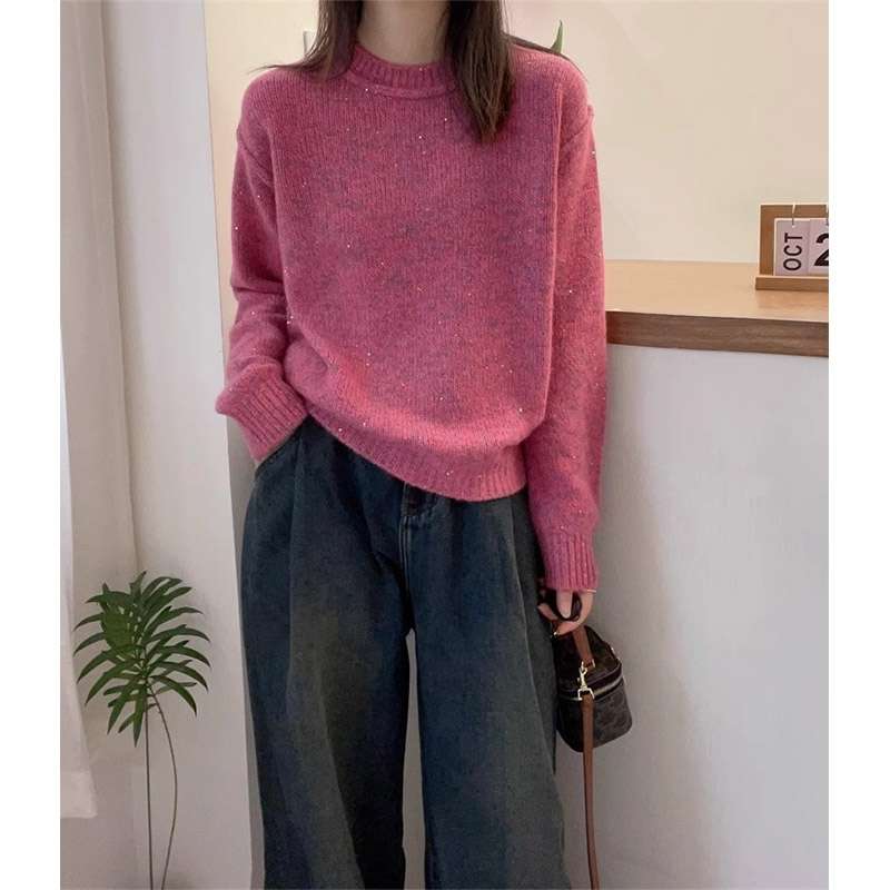 ピンクコーデ 秋冬 ふわもこニット ふんわり ラメ 大人 レディース リブ編み ゆったり ピンクトップス ピンクコーデ