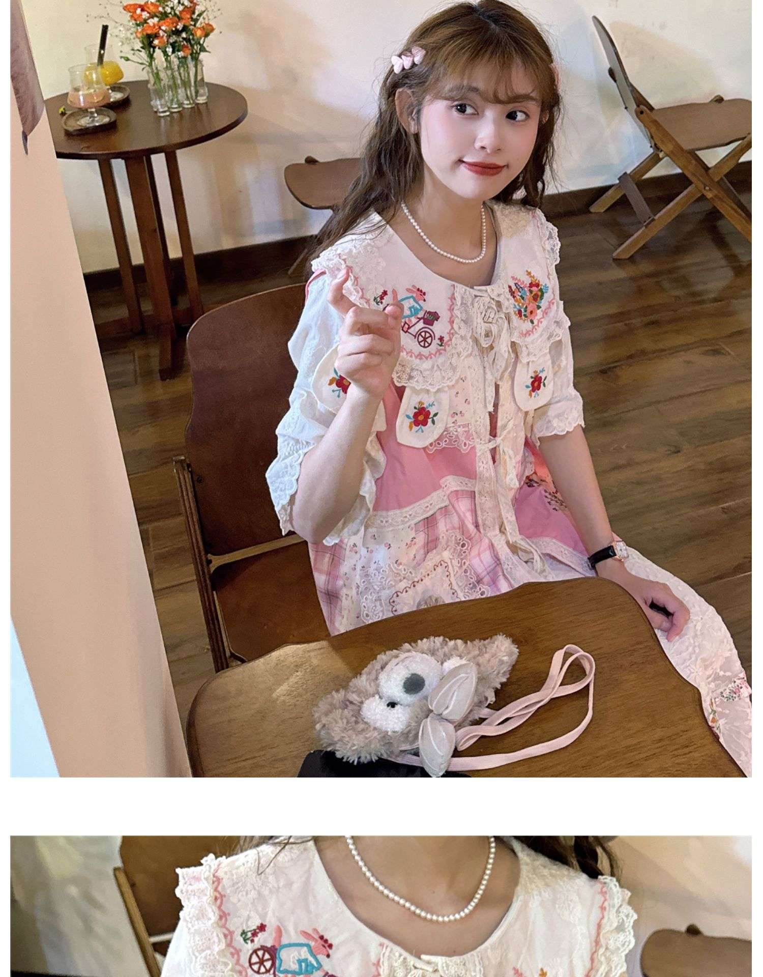ピンクコーデ 花柄刺繍レース付きロリータブラウス