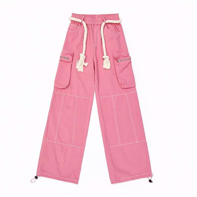 ピンクコーデ ゆったりカーゴワイドピンクパンツ ロープベルト付き