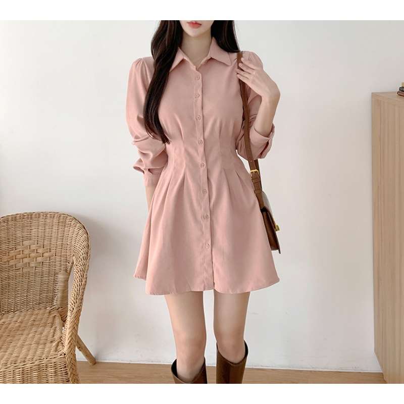 ピンクコーデ ふんわり袖のパフスリーブ♪ピンクシャツミニワンピース