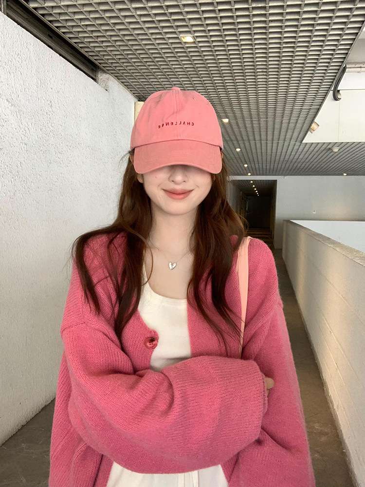 ピンクコーデ オーバーサイズで抜け感プラス♥ふんわりニットピンクカーディガン