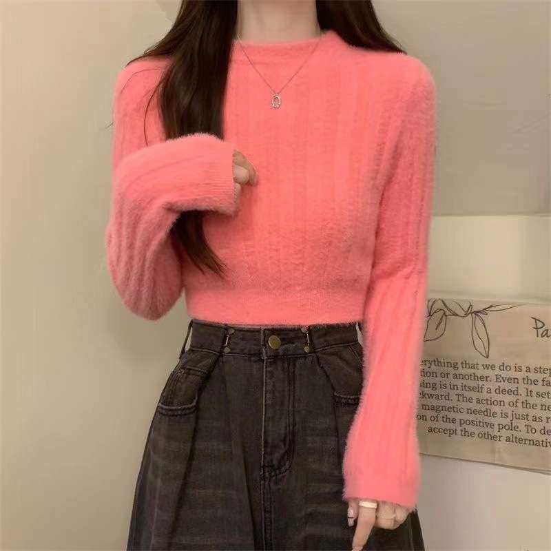 ピンクコーデ ショート丈 リブニット ふわもこ 甘ふわ ニット 長袖 セーター ピンクトップス