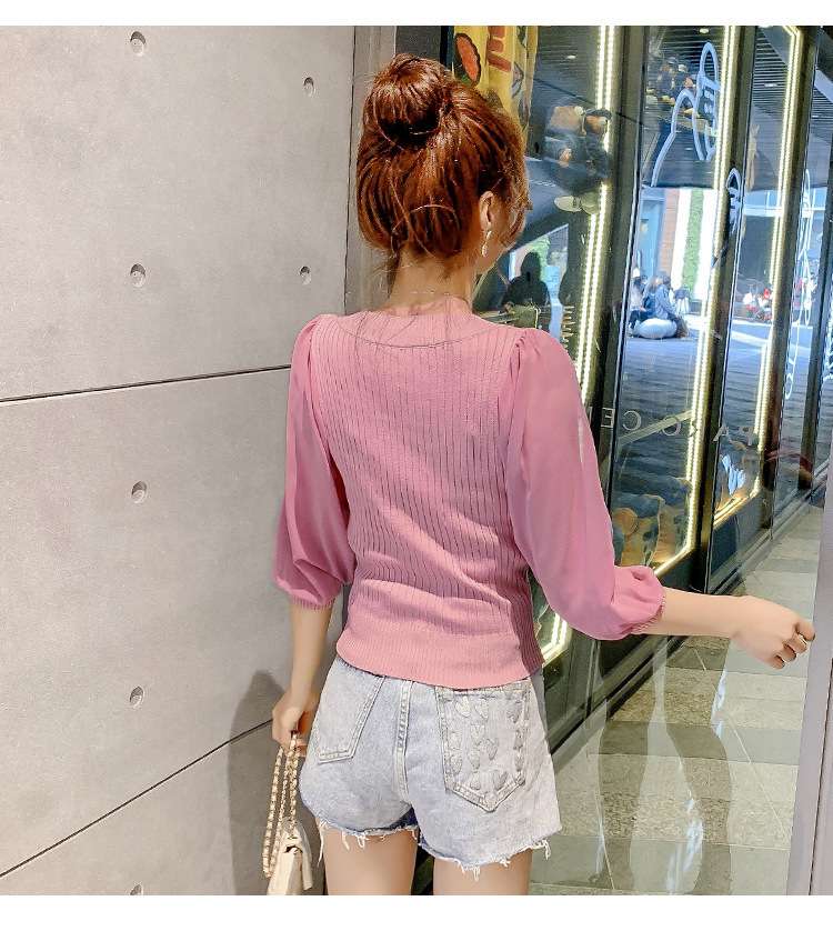 ピンクコーデ ふんわり袖リブニットピンクプルオーバー