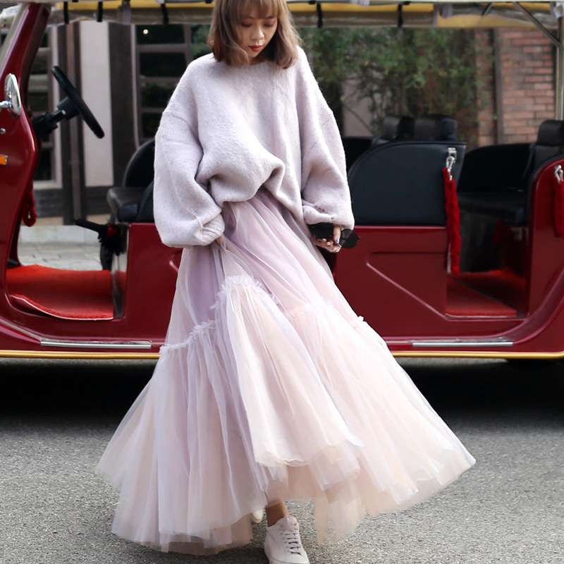 ピンクコーデ ふんわりチュールロングピンクスカート