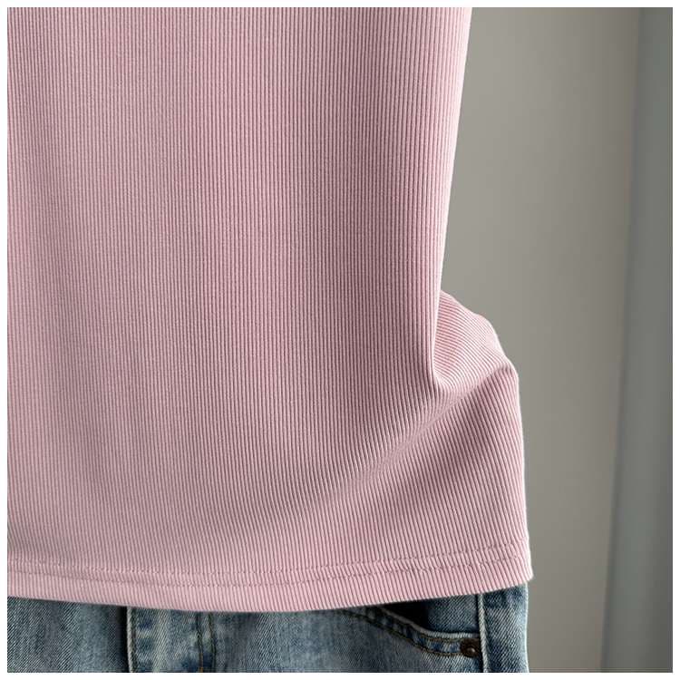 ピンクコーデ リブニット素材ベーシック半袖Tシャツ