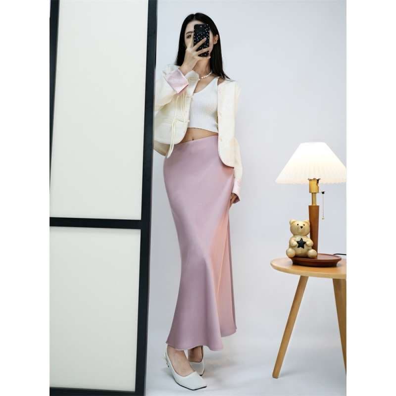 ピンクコーデ エレガントマーメイドラインのロングピンクスカート