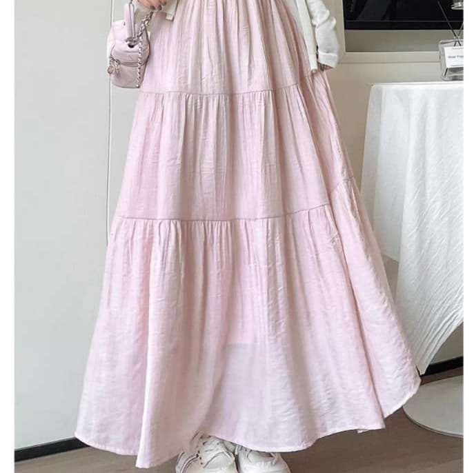 ピンクコーデ ティアードロングスカート フェミニンマキシ丈
