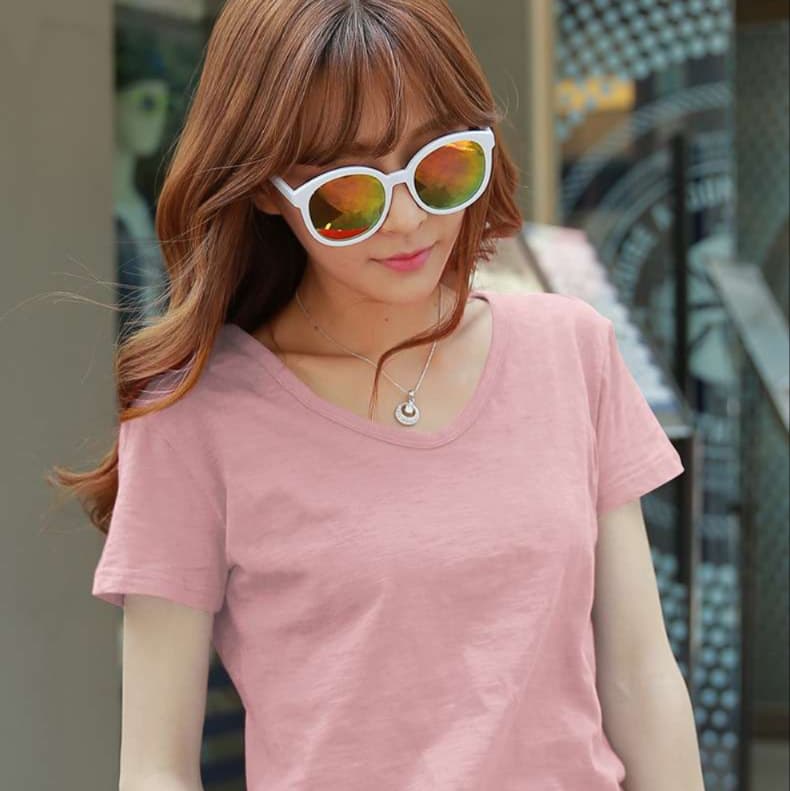 ピンクコーデ シンプルVネック半袖Tシャツ