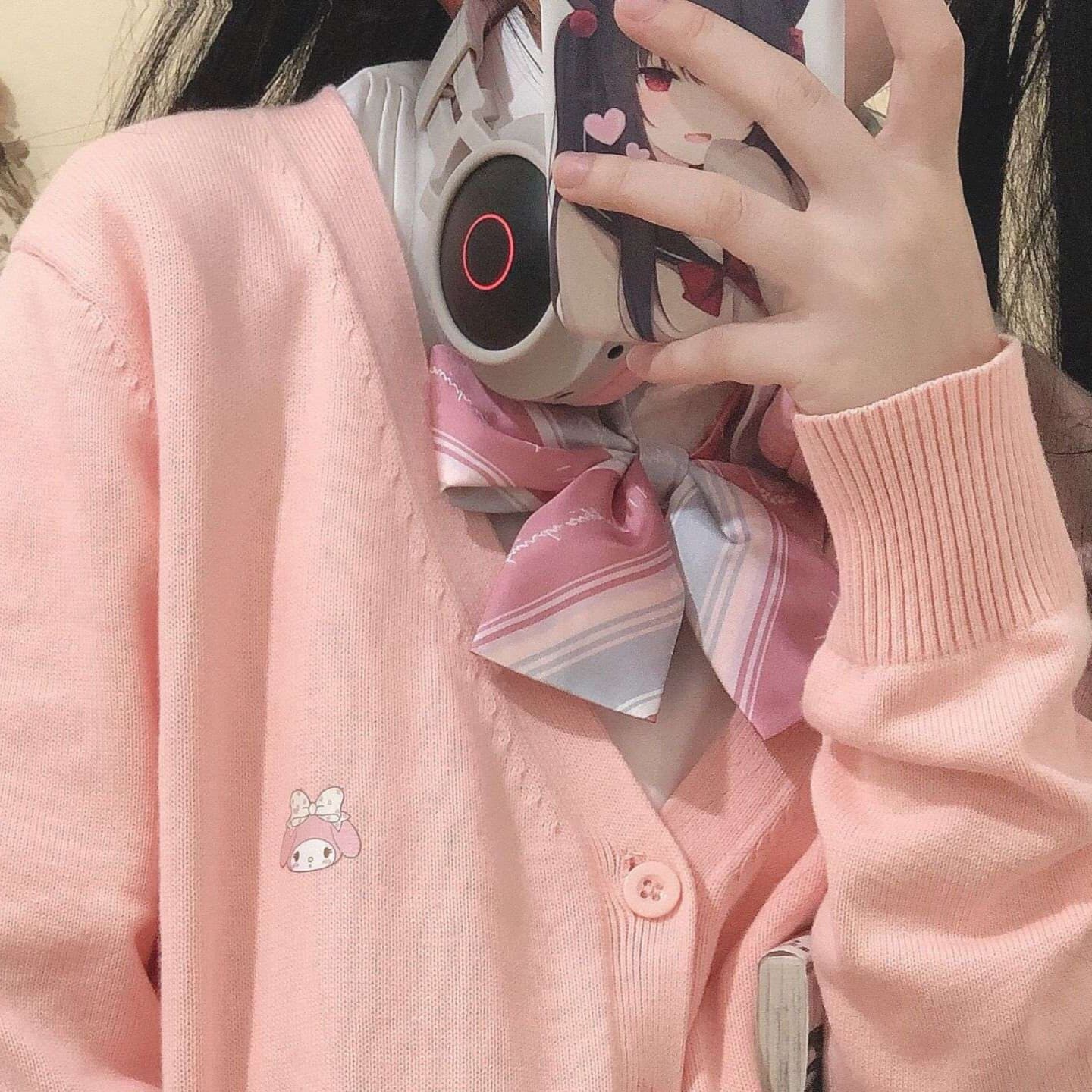 ピンクコーデ もこもこウサギ刺繍入りカーディガン