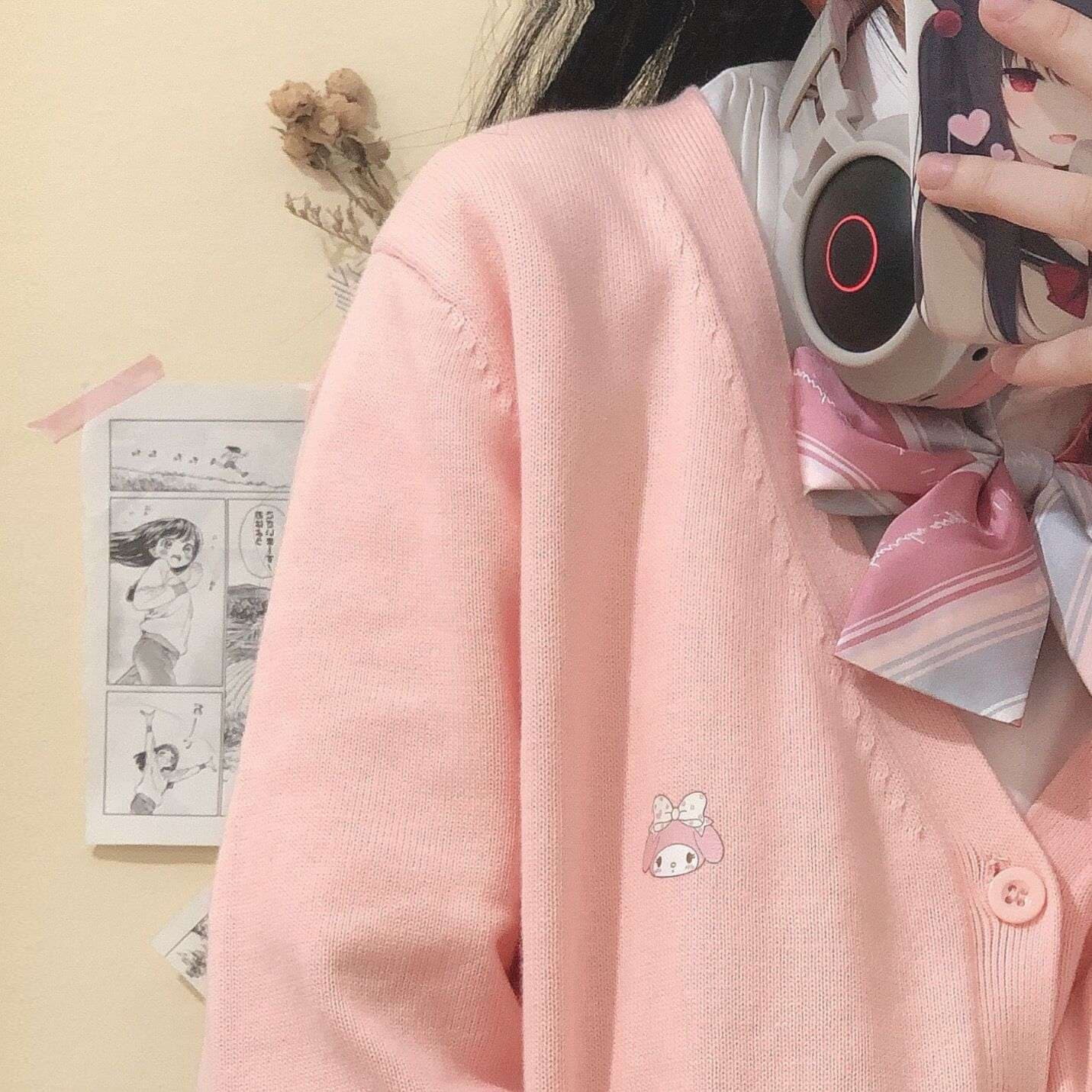 ピンクコーデ もこもこウサギ刺繍入りカーディガン