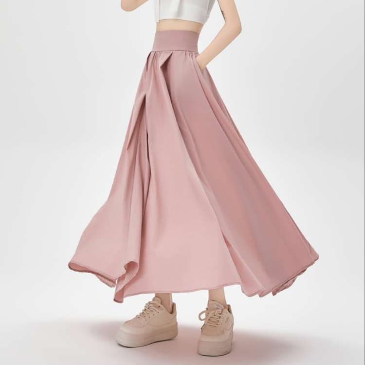 ピンクコーデ ふんわりプリーツロングスカート