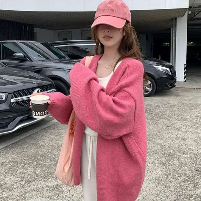 ピンクコーデ オーバーサイズで抜け感プラス♥ふんわりニットピンクカーディガン