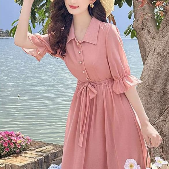 ピンクコーデ シフォン リボン フリル フェミニン デート リゾート フレア ピンクワンピース
