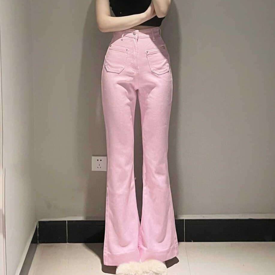 ピンクコーデ フレア ゆったりワイド ハイウエスト ピンクパンツ