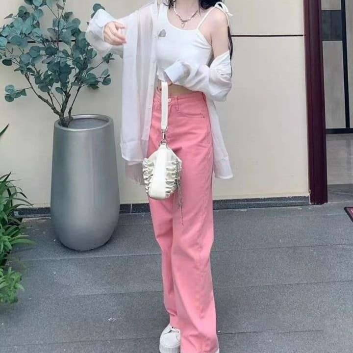 ピンクコーデ 華やか ゆったり カジュアル ハイウエスト 脚長 ストレート ピンクパンツ