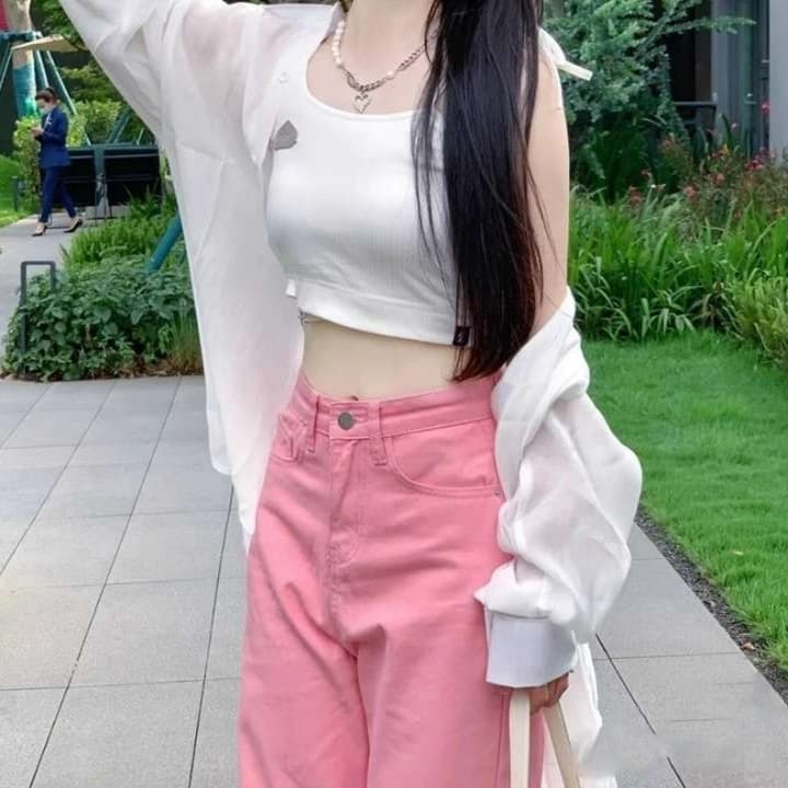 ピンクコーデ 華やか ゆったり カジュアル ハイウエスト 脚長 ストレート ピンクパンツ