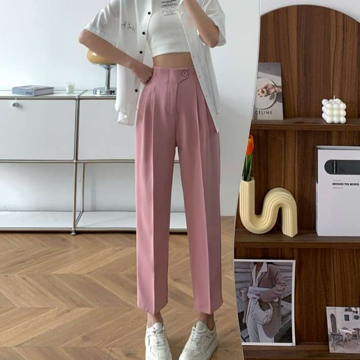 ピンクコーデ ふんわりドレープ 上品 プリーツ ハイウエスト 脚長 ピンクパンツ