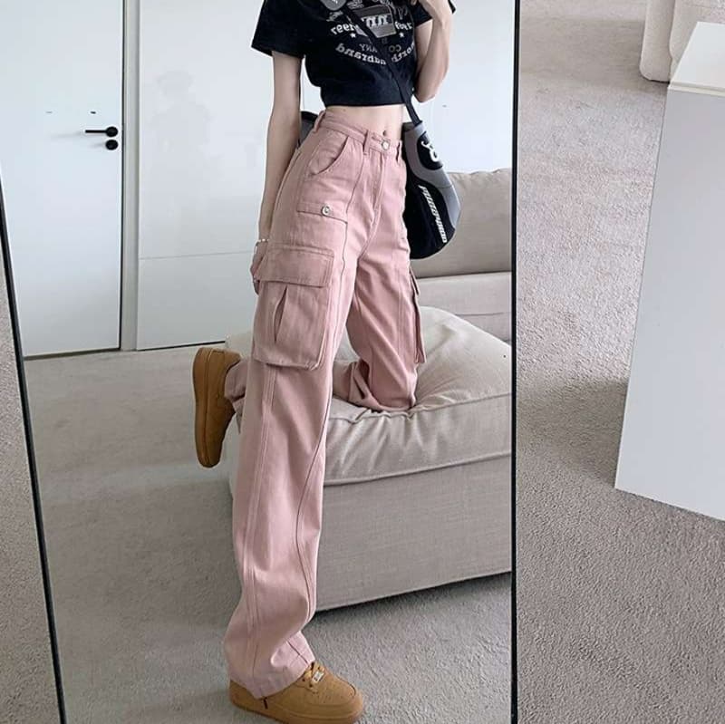 ピンクコーデ カーゴパンツ レディース ミリタリー ハイウエスト くすみカラー スタイルアップ ワイドパンツ