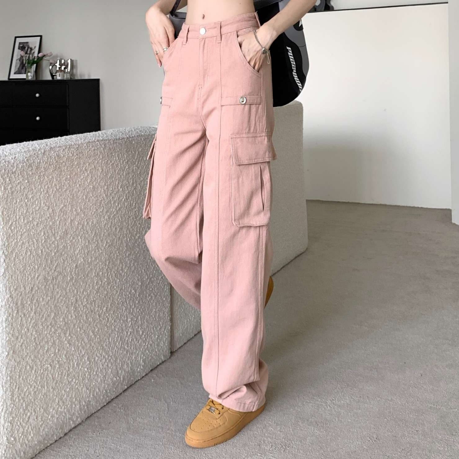 ピンクコーデ カーゴパンツ レディース ミリタリー ハイウエスト くすみカラー スタイルアップ ワイドパンツ