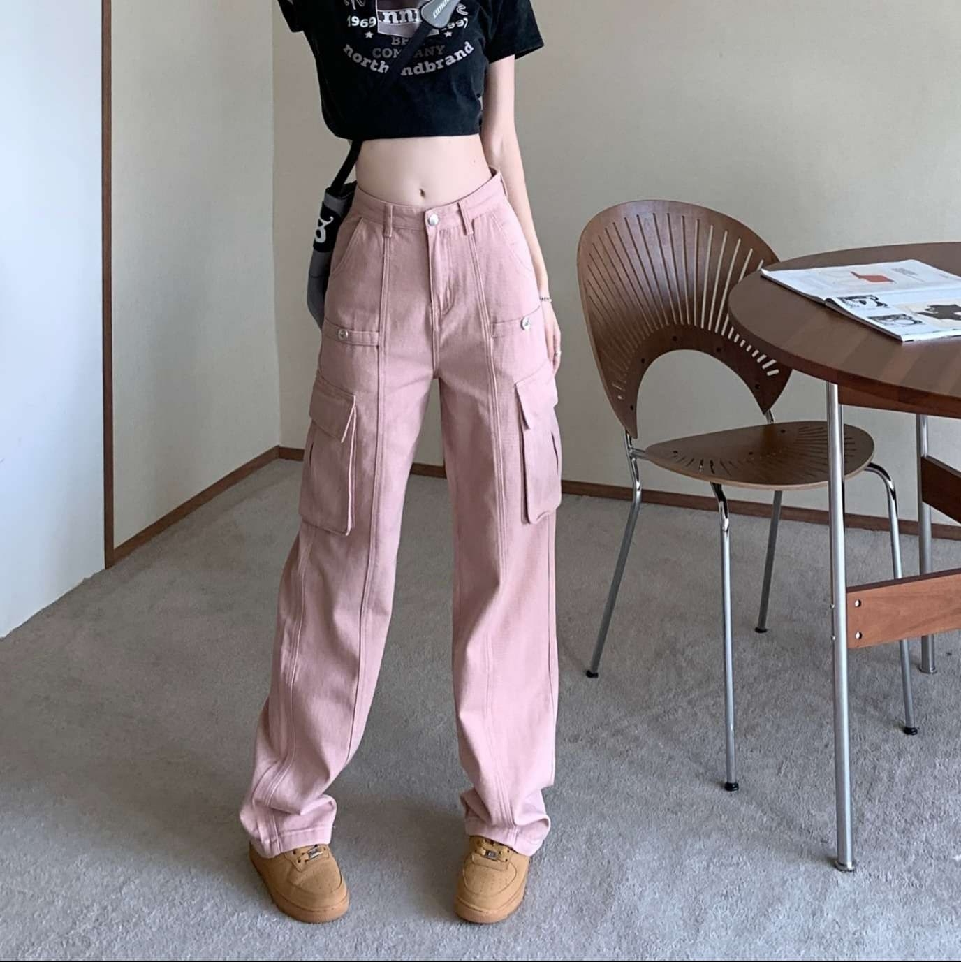 ピンクコーデ カーゴパンツ レディース ミリタリー ハイウエスト くすみカラー スタイルアップ ワイドパンツ
