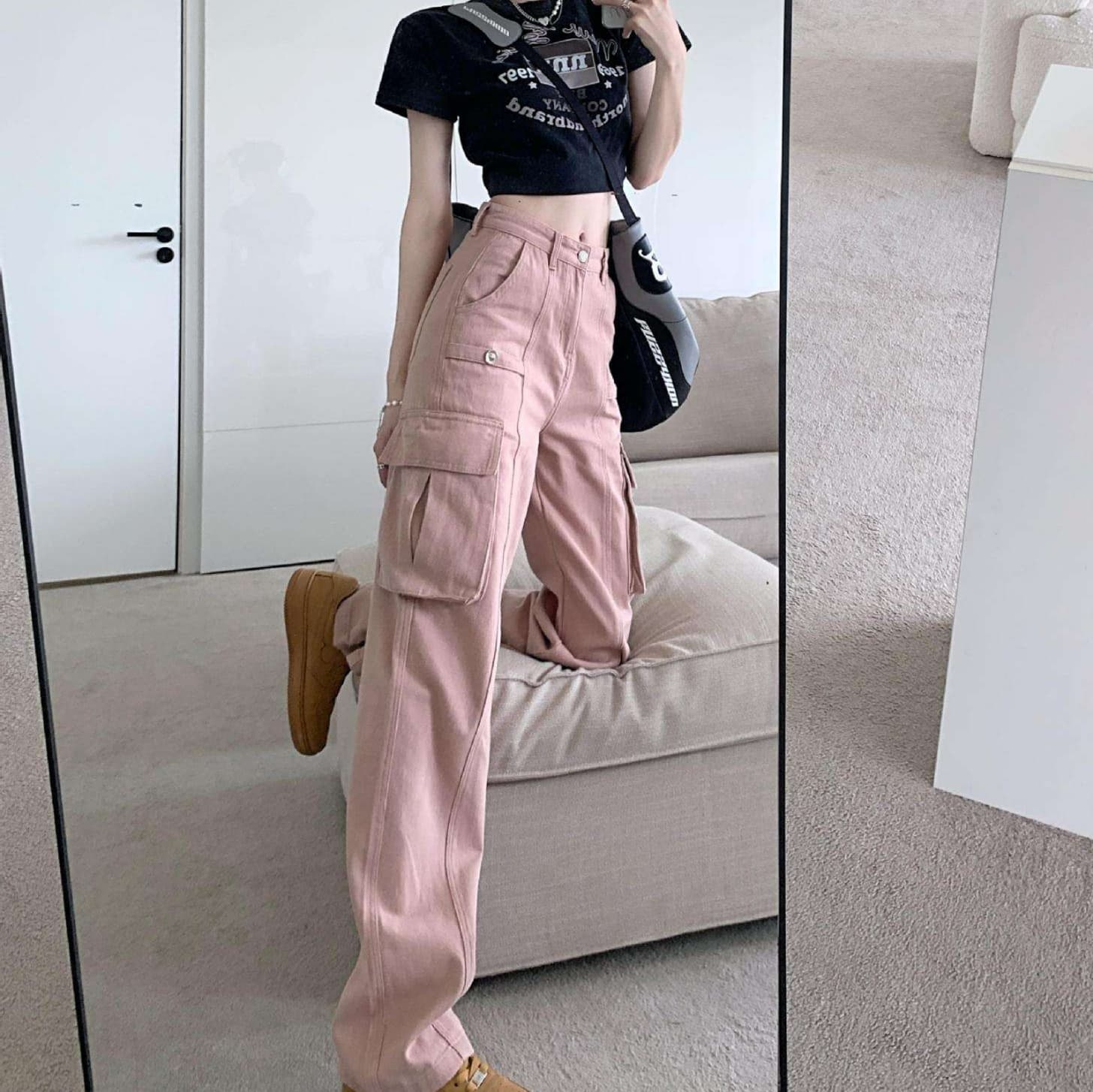 ピンクコーデ カーゴパンツ レディース ミリタリー ハイウエスト くすみカラー スタイルアップ ワイドパンツ