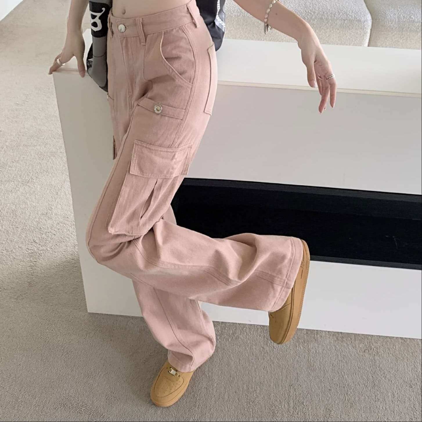 ピンクコーデ カーゴパンツ レディース ミリタリー ハイウエスト くすみカラー スタイルアップ ワイドパンツ