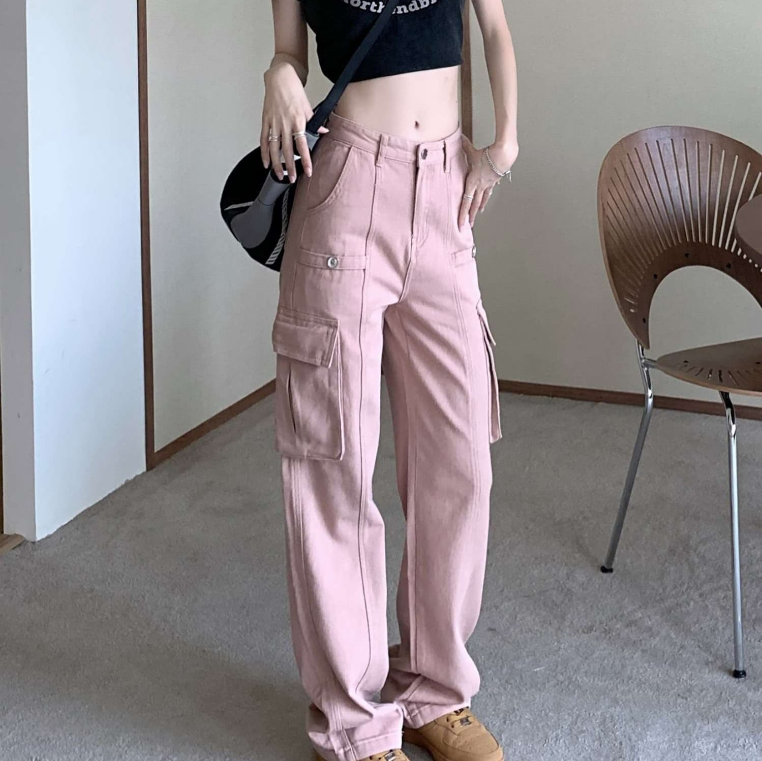 ピンクコーデ カーゴパンツ レディース ミリタリー ハイウエスト くすみカラー スタイルアップ ワイドパンツ