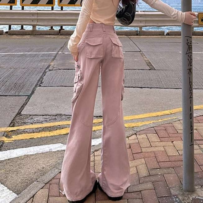 ピンクコーデ ゆったりストレート ピンクパンツ カジュアル きれいめ 楽ちん ワイドシルエット ダンスパンツ ヒップホップ カーゴパンツ
