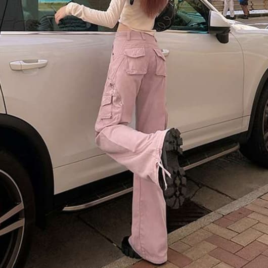 ピンクコーデ ゆったりストレート ピンクパンツ カジュアル きれいめ 楽ちん ワイドシルエット ダンスパンツ ヒップホップ カーゴパンツ