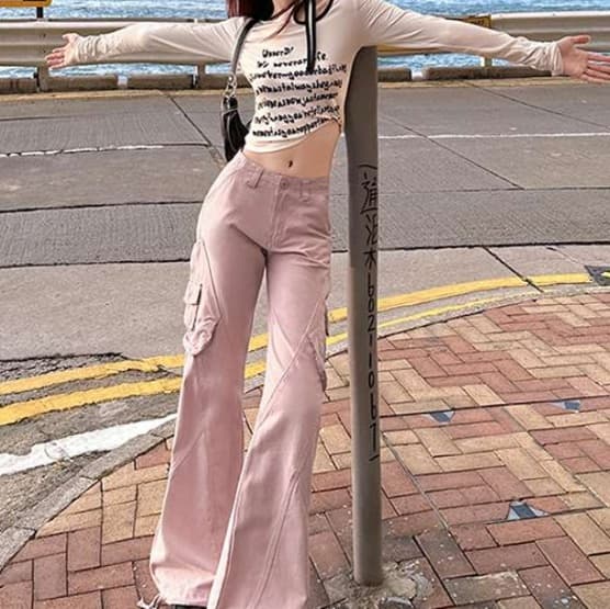 ピンクコーデ ゆったりストレート ピンクパンツ カジュアル きれいめ 楽ちん ワイドシルエット ダンスパンツ ヒップホップ カーゴパンツ