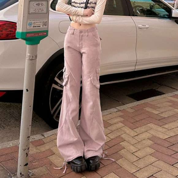 ピンクコーデ ゆったりストレート ピンクパンツ カジュアル きれいめ 楽ちん ワイドシルエット ダンスパンツ ヒップホップ カーゴパンツ