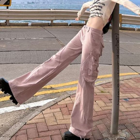 ピンクコーデ ゆったりストレート ピンクパンツ カジュアル きれいめ 楽ちん ワイドシルエット ダンスパンツ ヒップホップ カーゴパンツ