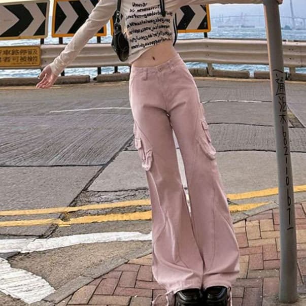 ピンクコーデ ゆったりストレート ピンクパンツ カジュアル きれいめ 楽ちん ワイドシルエット ダンスパンツ ヒップホップ カーゴパンツ