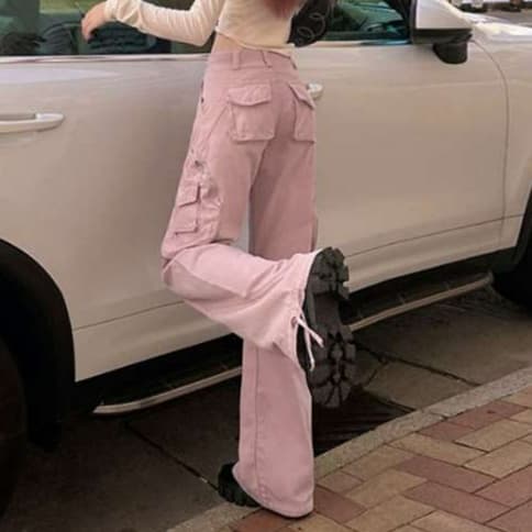 ピンクコーデ ゆったりストレート ピンクパンツ カジュアル きれいめ 楽ちん ワイドシルエット ダンスパンツ ヒップホップ カーゴパンツ