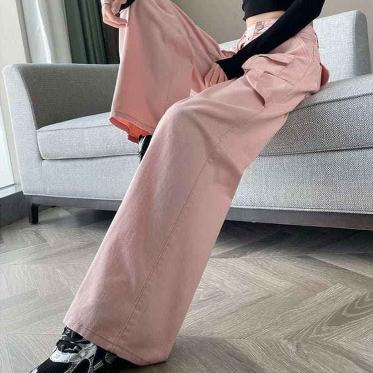 ピンクコーデ ゆったり カーゴ ワイドパンツ ゆったりストレート ピンクパンツ カジュアル きれいめ 楽ちん ワイドシルエット ダンスパンツ ヒップホップ
