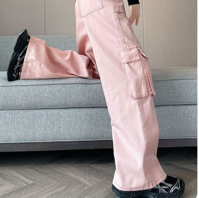 ピンクコーデ ゆったり カーゴ ワイドパンツ ゆったりストレート ピンクパンツ カジュアル きれいめ 楽ちん ワイドシルエット ダンスパンツ ヒップホップ
