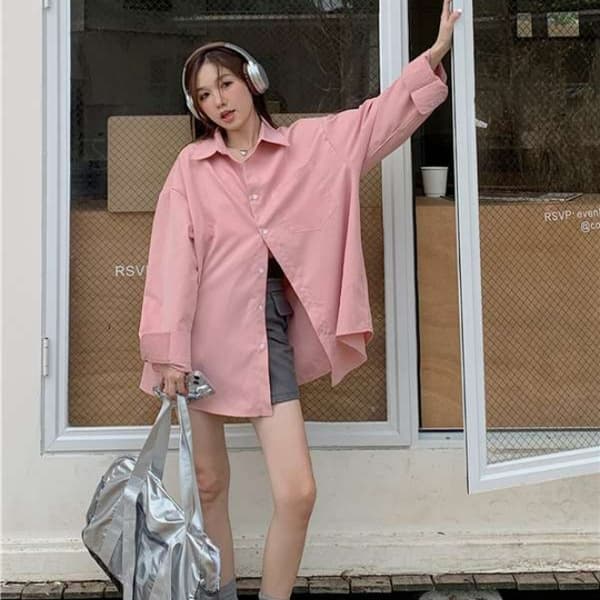 ピンクコーデ ゆったりシルエット オーバーサイズ 大きめ カジュアル レディース ロング丈 ピンクシャツ