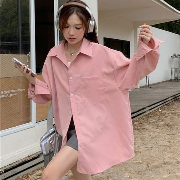 ピンクコーデ ゆったりシルエット オーバーサイズ 大きめ カジュアル レディース ロング丈 ピンクシャツ