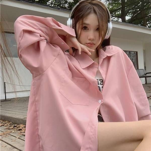 ピンクコーデ ゆったりシルエット オーバーサイズ 大きめ カジュアル レディース ロング丈 ピンクシャツ