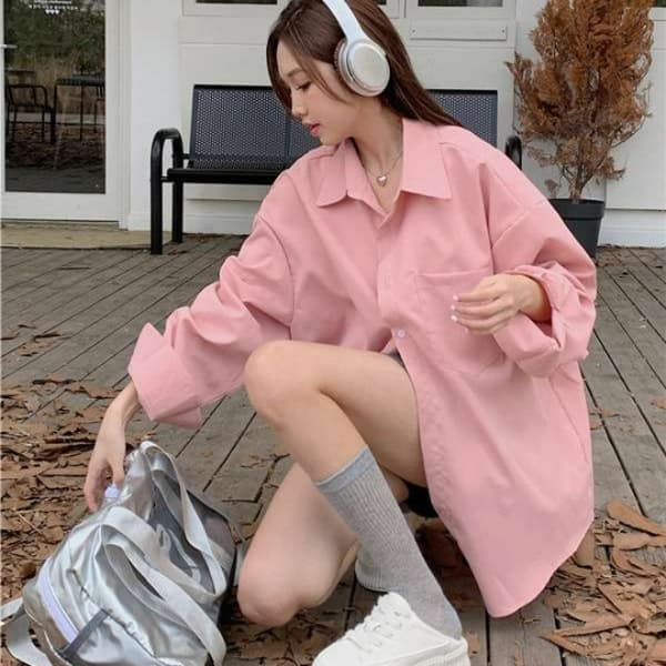 ピンクコーデ ゆったりシルエット オーバーサイズ 大きめ カジュアル レディース ロング丈 ピンクシャツ