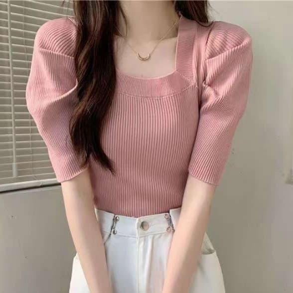 ピンクコーデ スクエア リブニット 半袖 パフスリーブ リブニット 甘くてかわいい 着痩せ プルオーバー ピンクトップス