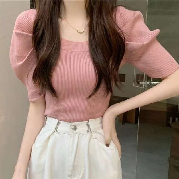 ピンクコーデ スクエア リブニット 半袖 パフスリーブ リブニット 甘くてかわいい 着痩せ プルオーバー ピンクトップス