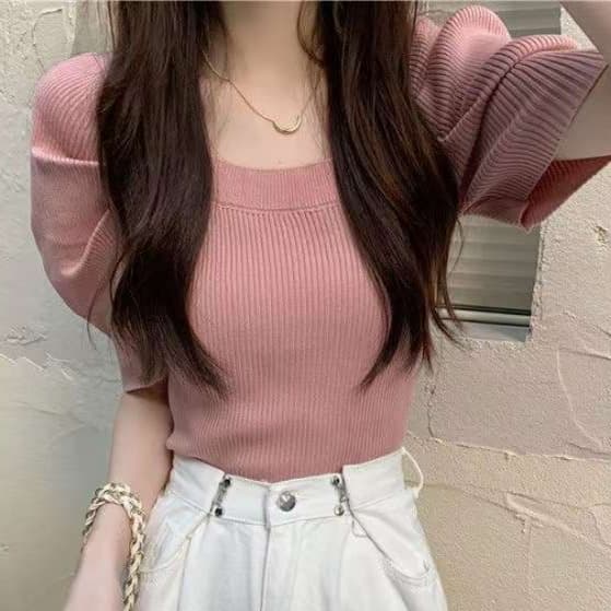 ピンクコーデ スクエア リブニット 半袖 パフスリーブ リブニット 甘くてかわいい 着痩せ プルオーバー ピンクトップス