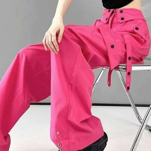 ピンクコーデ ストリート系 ワイド カーゴパンツ レディース カジュアル 秋冬 おしゃれ ワイドパンツ 韓国 ピンクコーデ