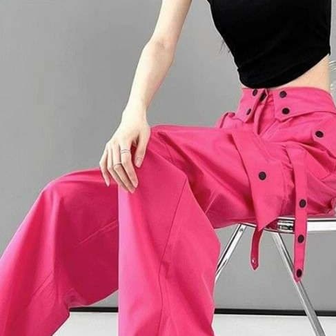 ピンクコーデ ストリート系 ワイド カーゴパンツ レディース カジュアル 秋冬 おしゃれ ワイドパンツ 韓国 ピンクコーデ
