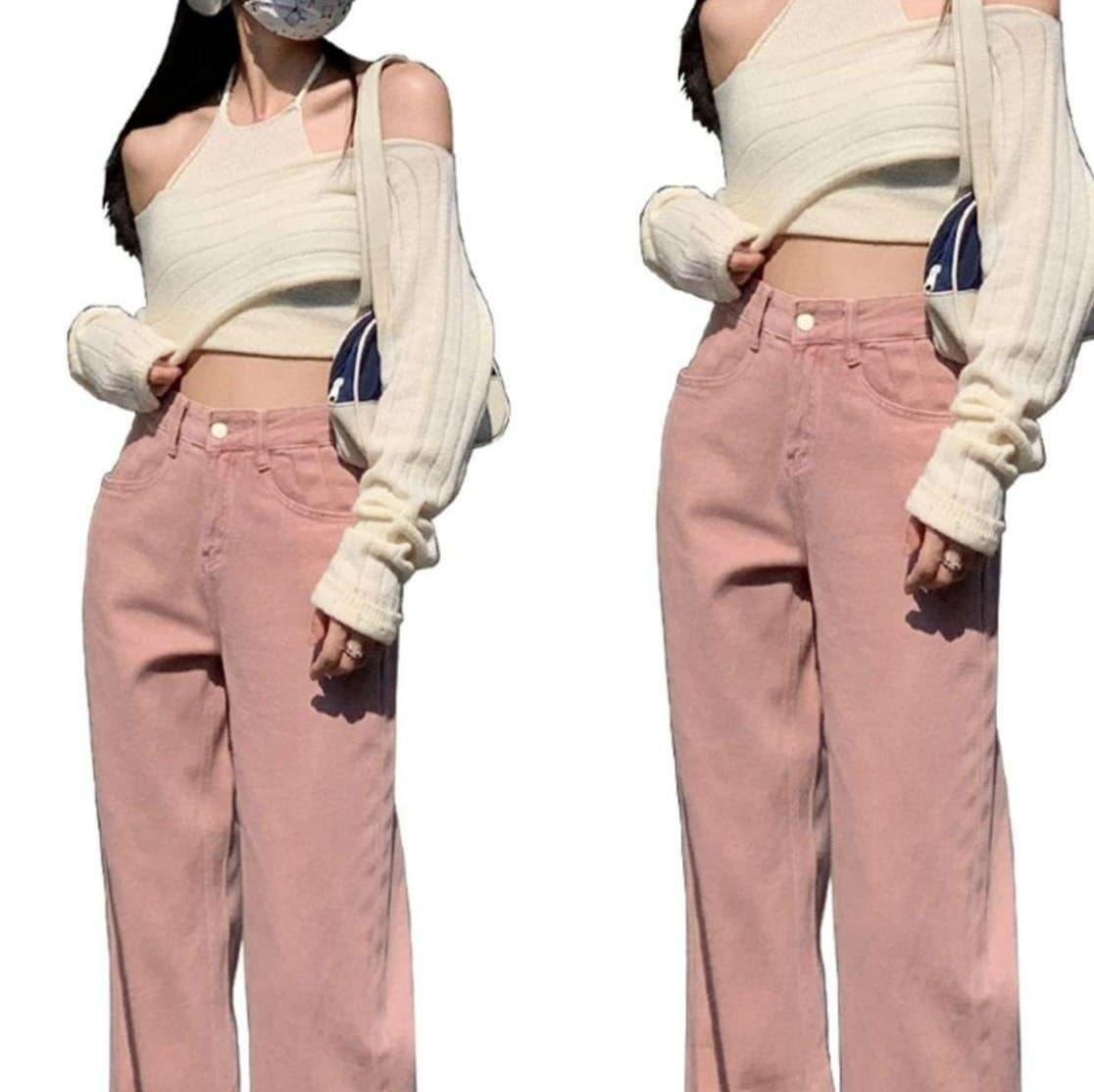 ピンクコーデ ゆったり ストレート デニム ピンクパンツ