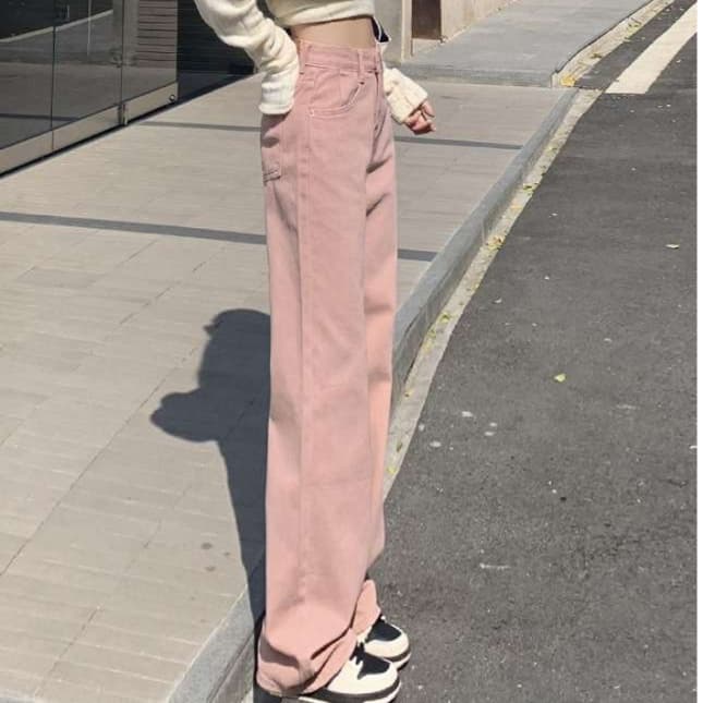 ピンクコーデ ゆったり ストレート デニム ピンクパンツ